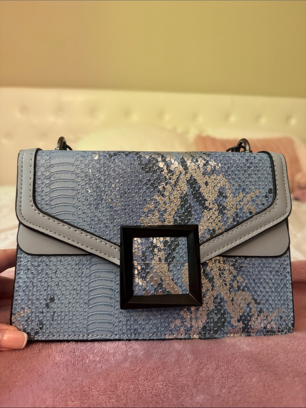 Blue Snake-Embossed Crossbody Bag with Black Buckle Accent
